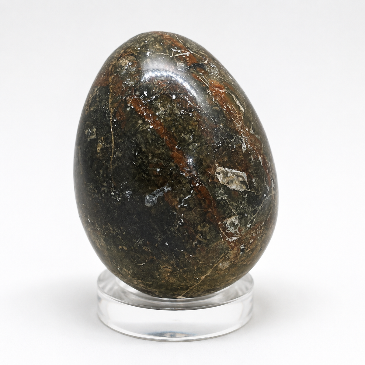 Polished Rainforest Jasper natural stone mineral egg on a clear acrylic display stand