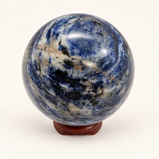 5 cm Blue Sodalite sphere with blue, grey and cream patterning on a wooden display stand