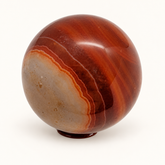 Polished red-brown Carnelian sphere with a pale grey-tan patch and curved cream and orange bands on an ivory background