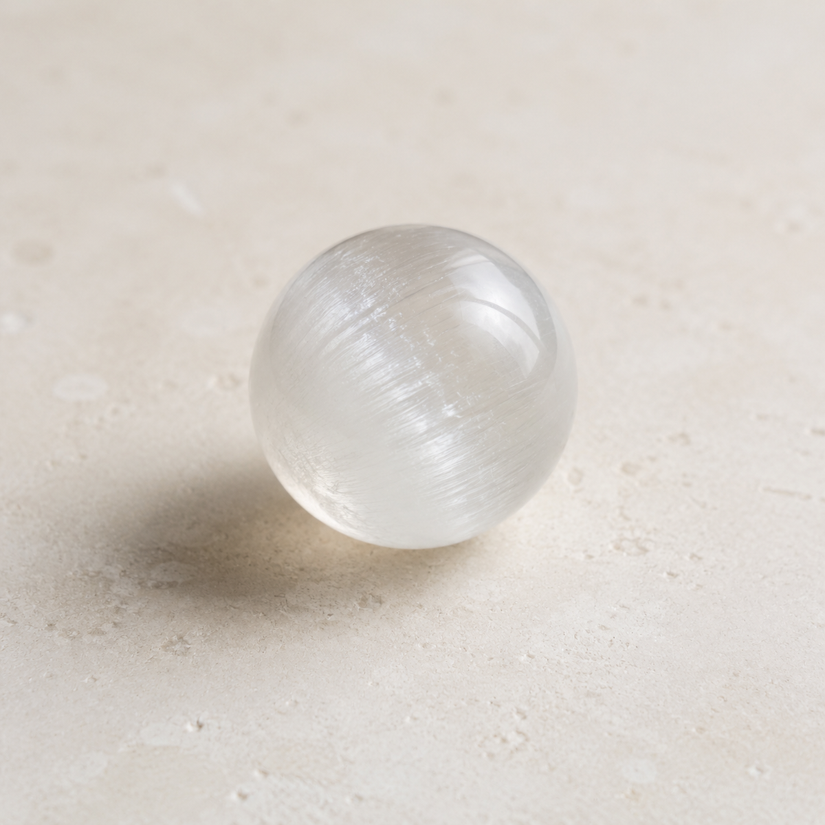3 cm polished selenite sphere on a soft neutral background